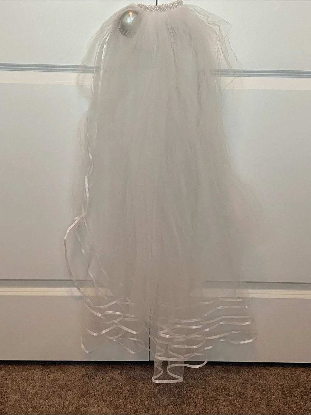 White Wedding Veil with Pearled clip and Satin ribbon detailing